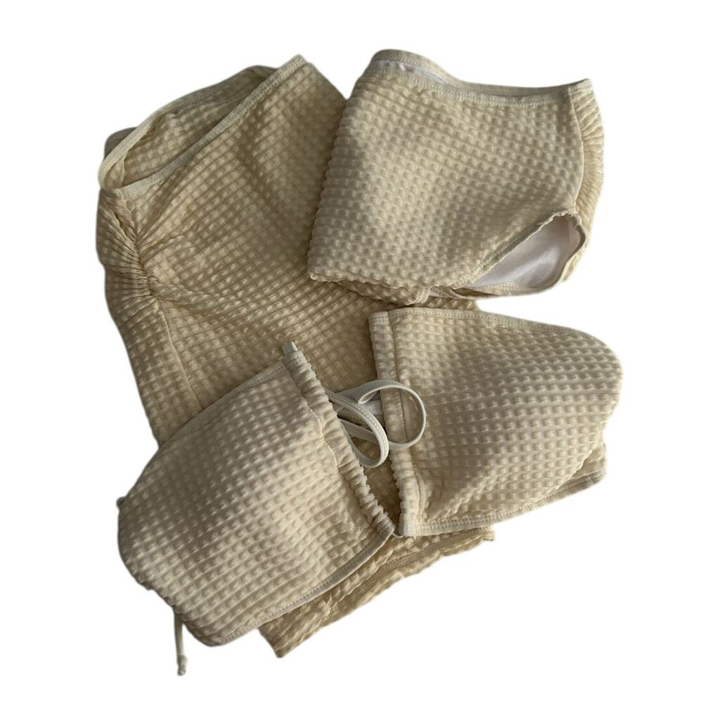 NWOT SweatyRocks Beige 3 Pc Texture Halter Tie Bikini Drawstring Skirt Large - Picture 7 of 11